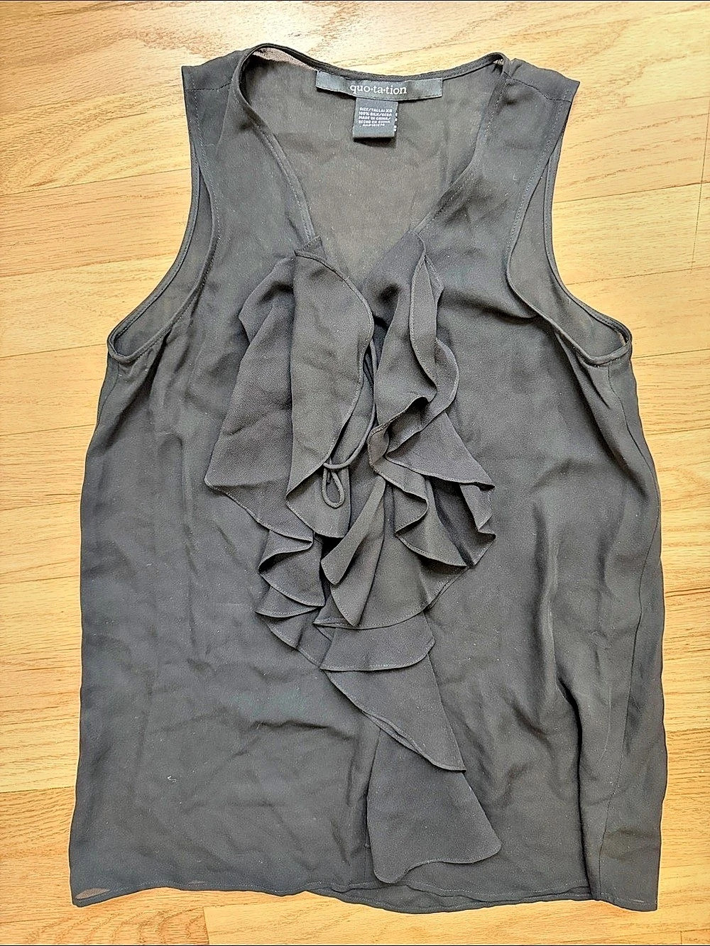quo·tation Black Ruffle Silk Blouse Size XS